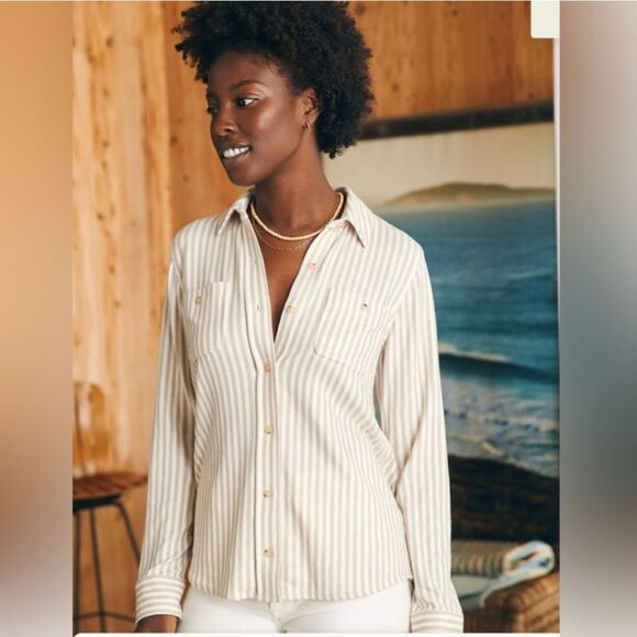 Faherty Tops - FAHERTY Legend Sweater Shirt In Tannin Stripe Womens Size Small